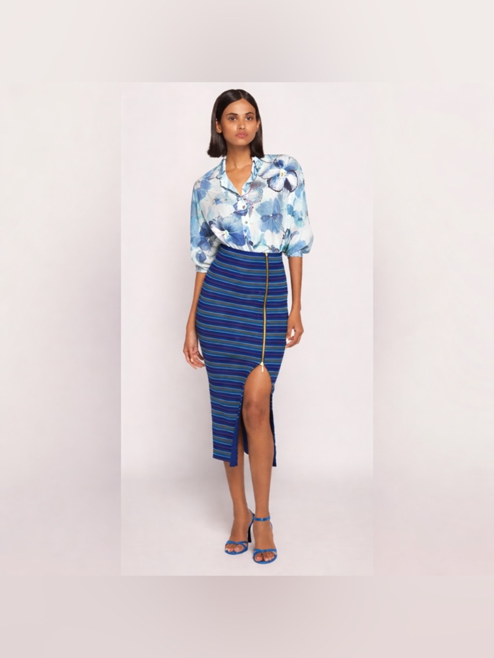NWOT Saaksha & Kinni Striped Blue Midi Pencil Skirt with Front Zip Slit